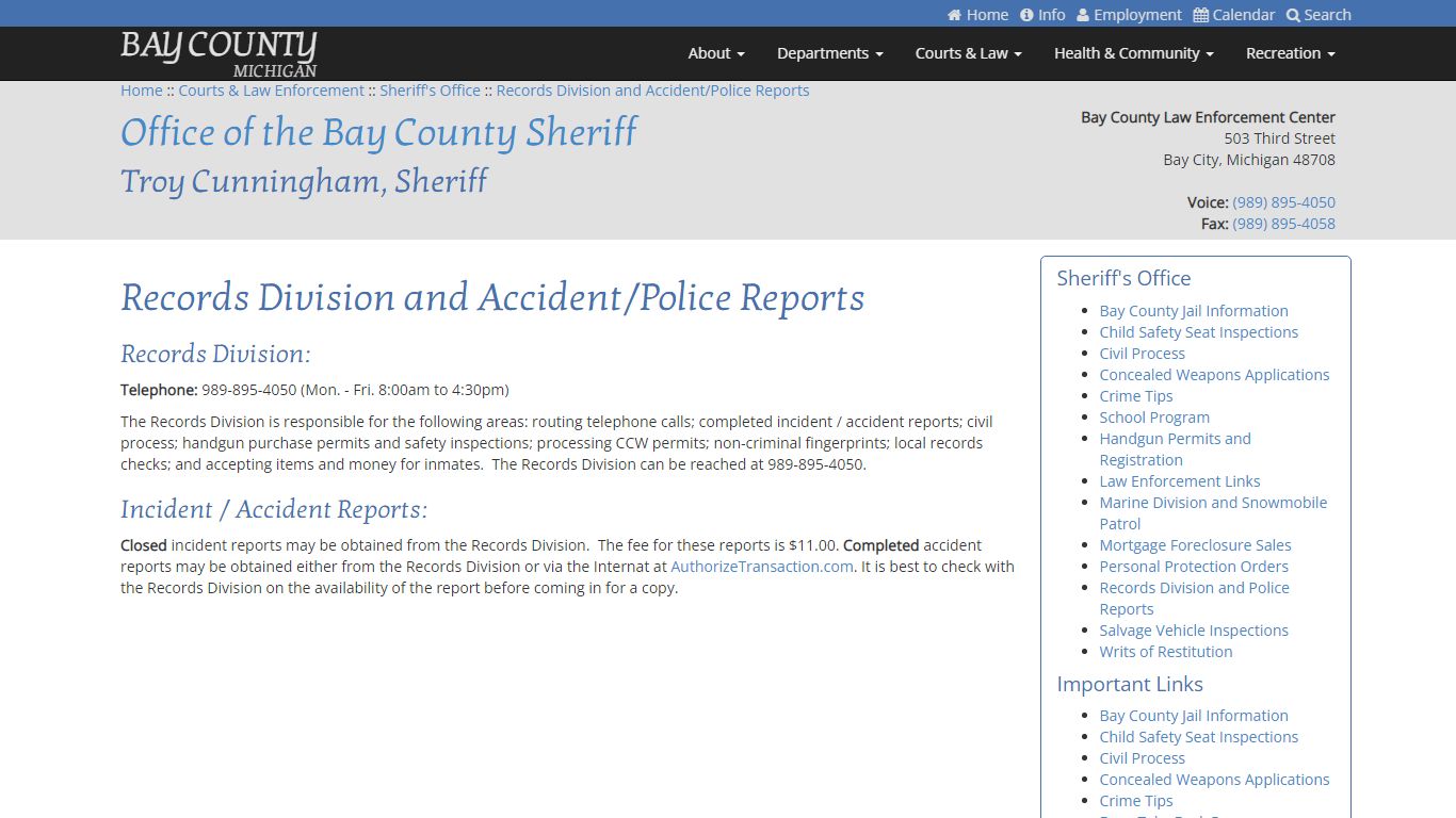 Records Division and Accident/Police Reports - Bay County